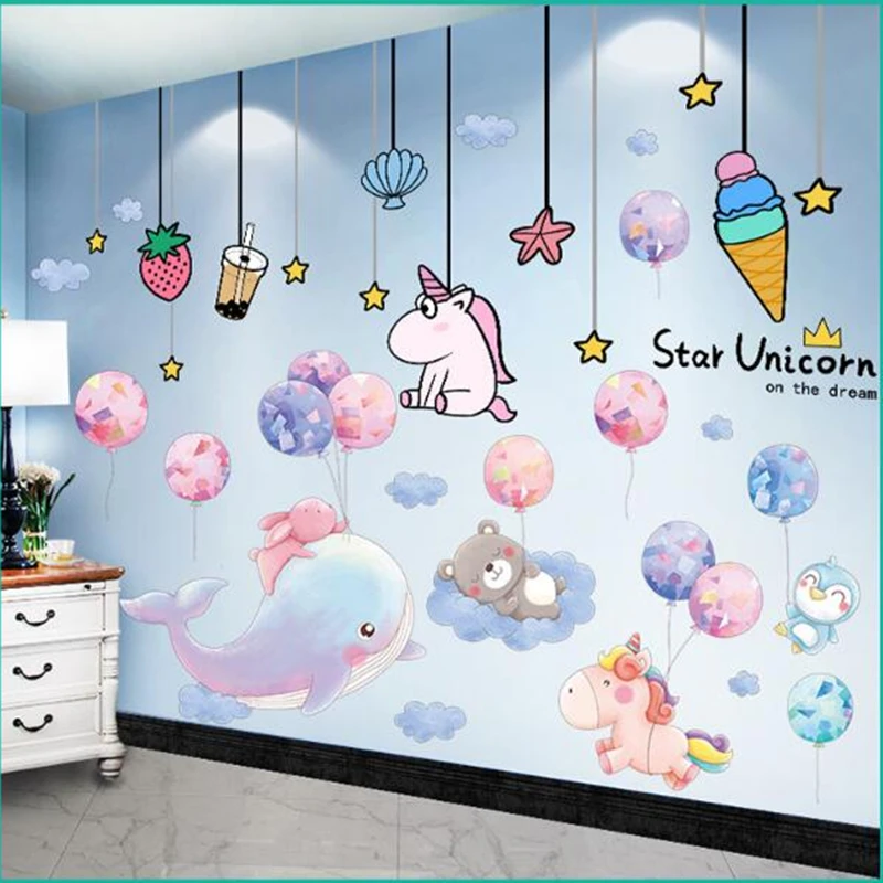 

[SHIJUEHEZI] Animals Balloons Wall Stickers DIY Unicorn Stars Mural Decals for Kids Room Baby Bedroom Nursery House Decoration