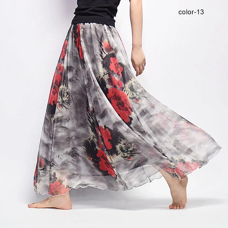 

Women Fashion Florals Print Long Skirt Female Boho Style Elastic High Waist Chiffon Casual Beach Skirts Saias Summer