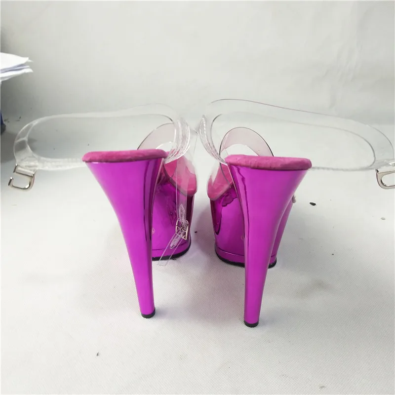 Прозрачные каблуки 17 см Фиолетовые сандалии с гальваническим покрытием