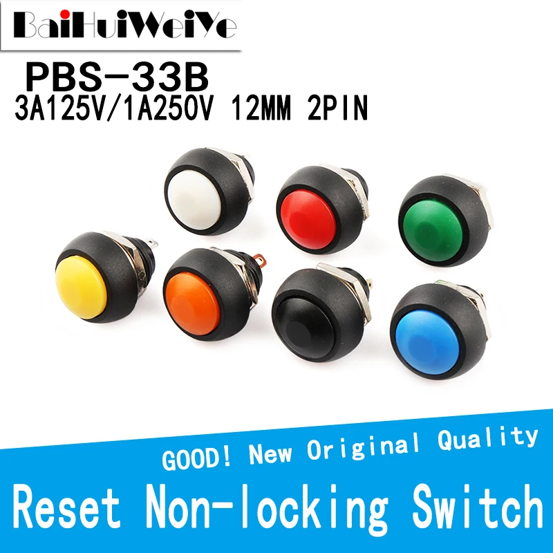 

5PCS/LOT PBS-33B 2Pin Mini Switch 12mm 1A/250V 3A/125V Waterproof Momentary Push Button Switch Reset Non-locking PBS33B 1A 12V