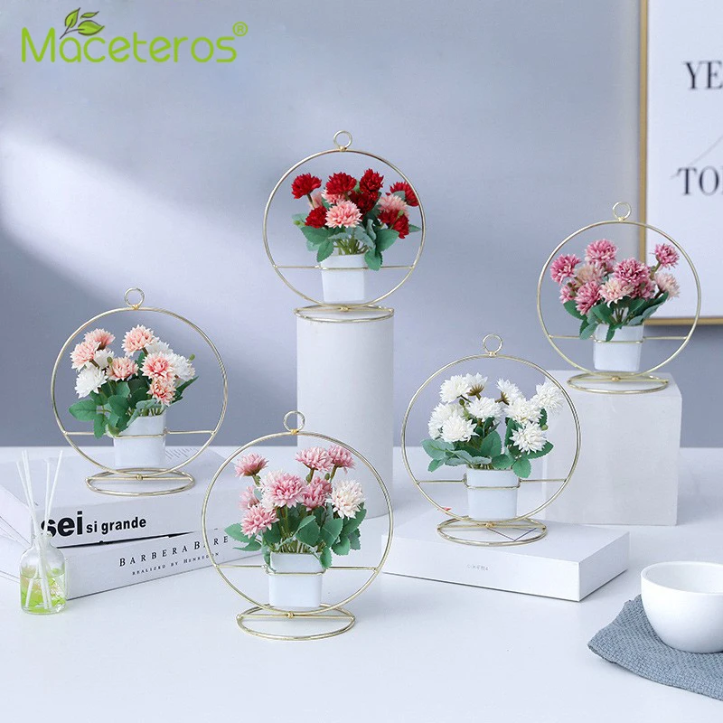 

Nordic Round Creative Iron Frame Nursery Ceramic Flower Pot Living Room Study Desktop Garden Art Deco Flower Seedling Growth Box
