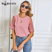2021 summer new fashion lace short sleeve t shirt round collar casual transparent sleeves womens top elegance tshirt women