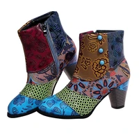 ankle boots for women leather ankle bootie vintage fashion short boots side zipper floral pattern comfort shoes ladies winter