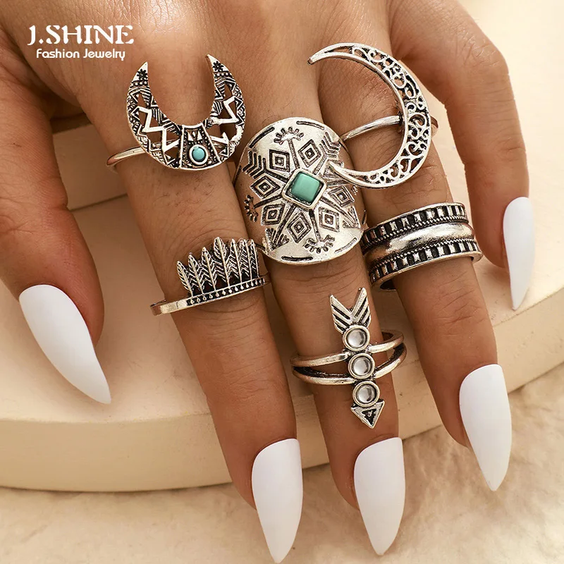 Кольцо женское JShine 6 шт./компл. в этническом стиле серебристого цвета с
