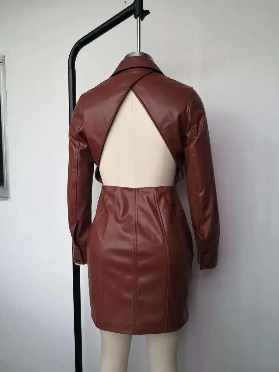 

Women Sexy Fashion High Street Full Sleeve Brown Leather Party Dress 2020 Elegant Celebrity Evening Night Club Party Dress