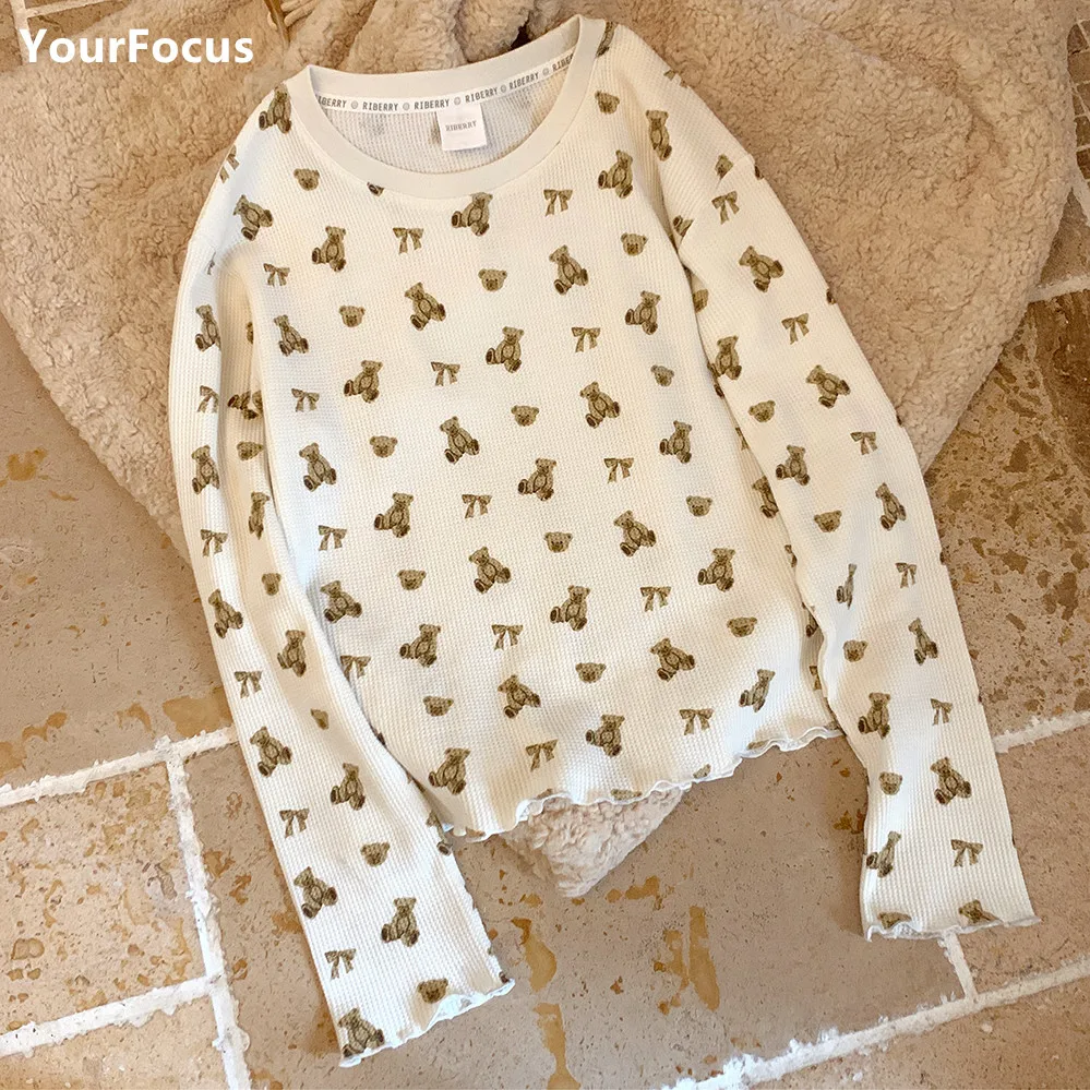 Футболка с длинным рукавом в стиле Харадзюку милые аниме топы бантом и мишкой