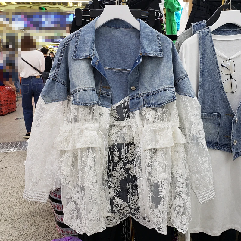 Женская джинсовая куртка с кружевом весна лето 2020|Женские куртки| |