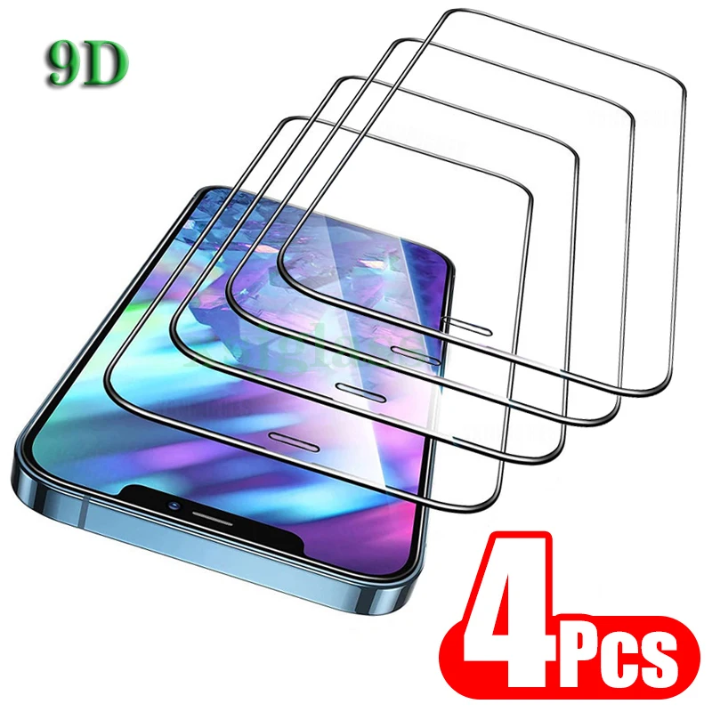 

4Pcs 9D Full Cover Tempered Glass For iPhone 11 12 13 Pro Max Mini Screen Protector For iPhone XS Max XR X 11 Protective Glass