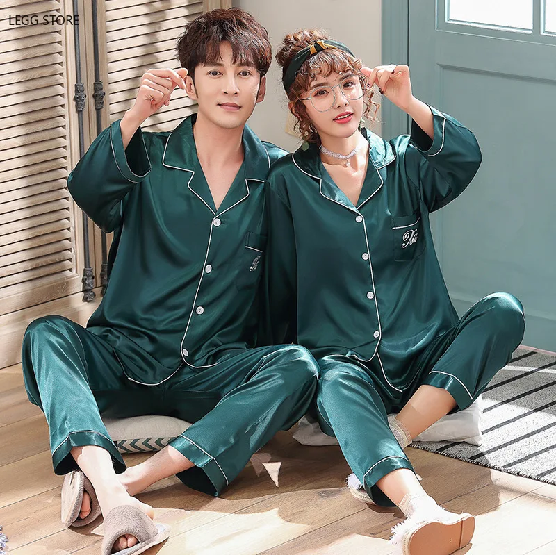 

Spring Autumn Couple Men Women's Lovers Silk Sleepwear Men's Long Sleeve Pajamas Twinset Loungewear Pyjama Nightwear