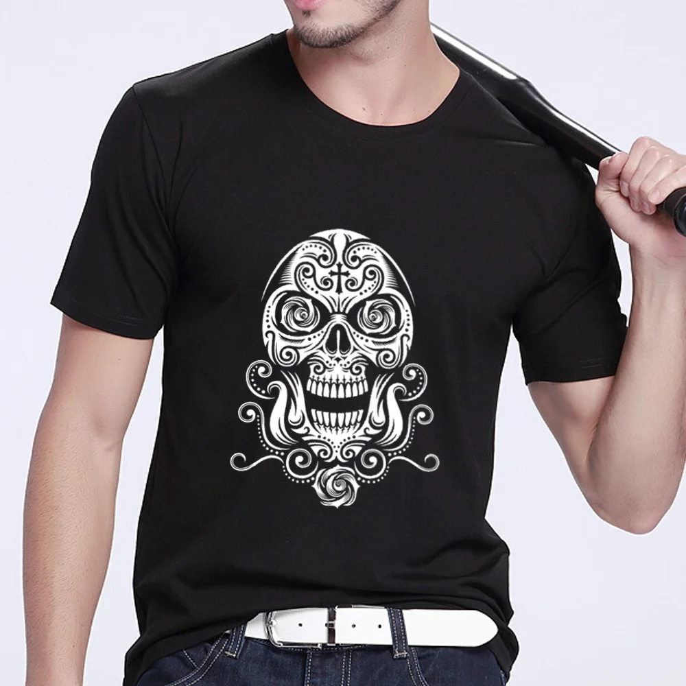 

Man Tshirts Harajuku Style Black Print O-neck Male T-shirt Skulls Pattern Series Short Sleeve Tops Youth Men Plus Size Clothing