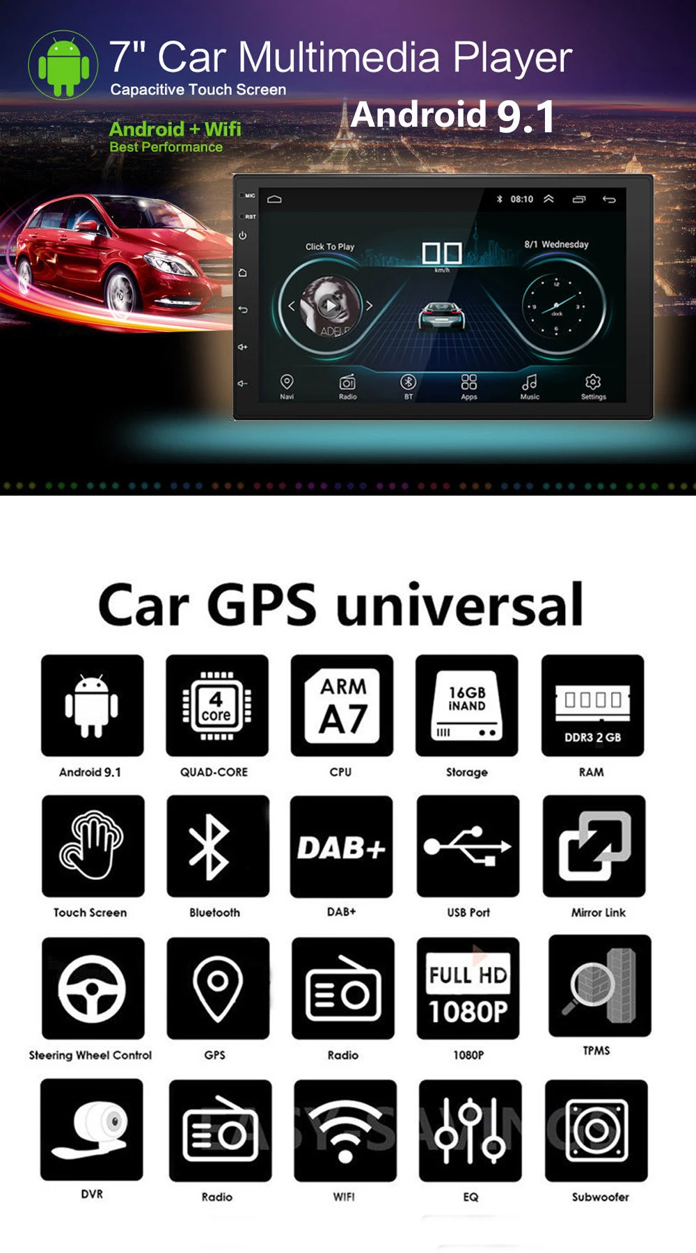 7022C+ Android 9,1 " дюймовый автомобильный стерео 2 Din FM gps навигатор радио плеер wifi Аудио плеер Aux вход Авто MP5 плеер SD USB