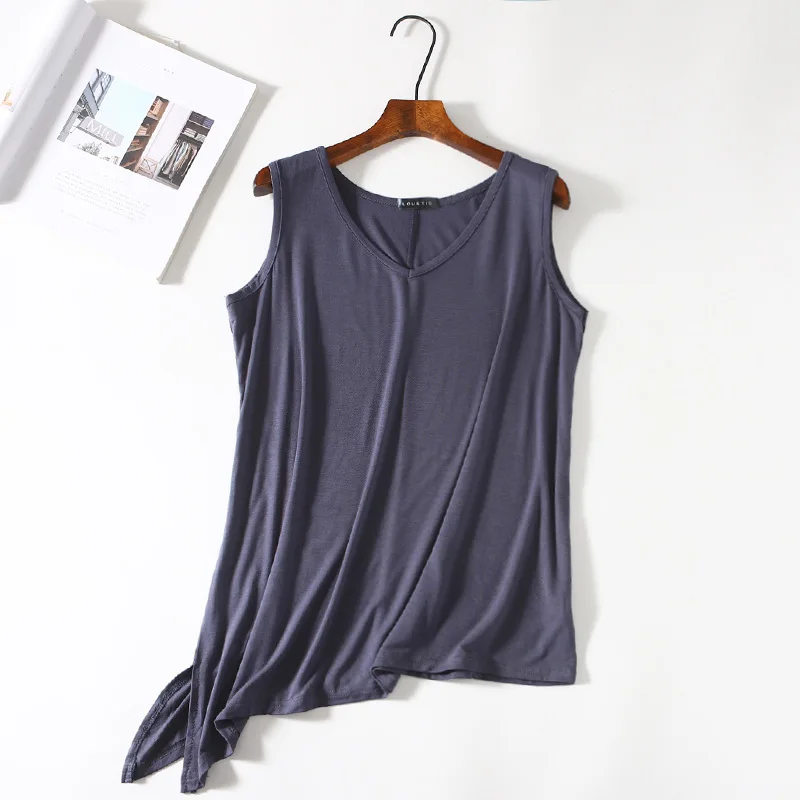 

Wholesale summer new style modal V-neck vest women irregular slit hem loose large size sleeveless T-shirt