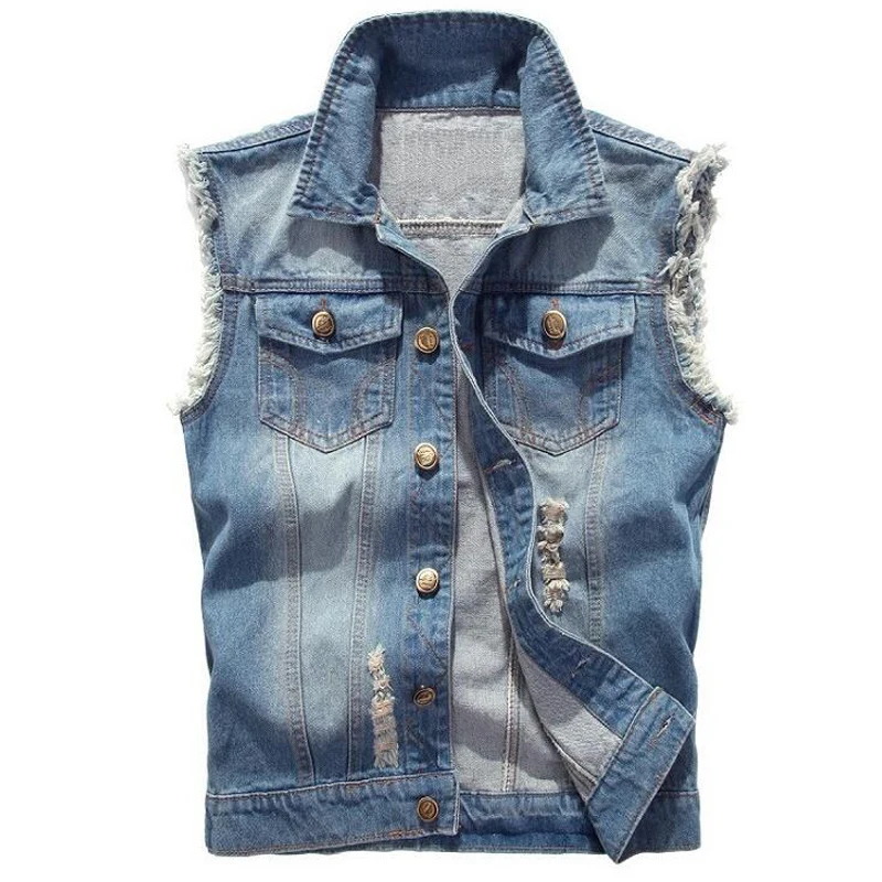 

Denim Sleeveless Jacket Men Fashion Ripped Cotton Jean Vests Gilet Casual Jeans Waistcoat Cowboy Hip Hop Streetwear Clothing