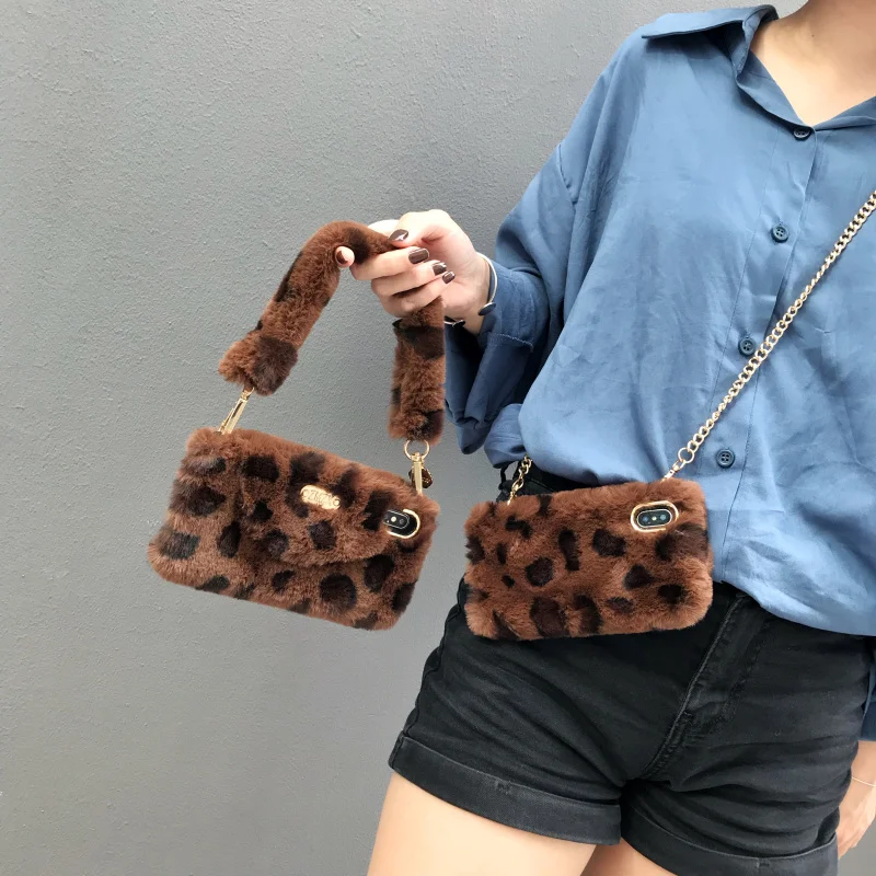 

For iphone 11 Pro warm case luxury leopard print plush fluffy crossbody chain FHX-ZS phone bag for iphone XS MAX XR X 6S 7 8Plus