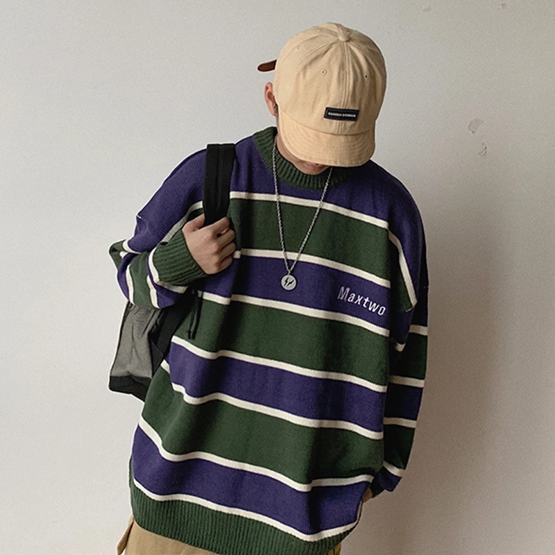 

Men Pullovers Patchwork Contrast Color Long Sleeve O-neck Knitted Males Sweaters Korean Style Simple Casual Jumpers Trendy Loose