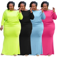 2021autumn new street style clothing womens casual solid color plus size long sleeved o neck stretch loose long skirt sress 5xl
