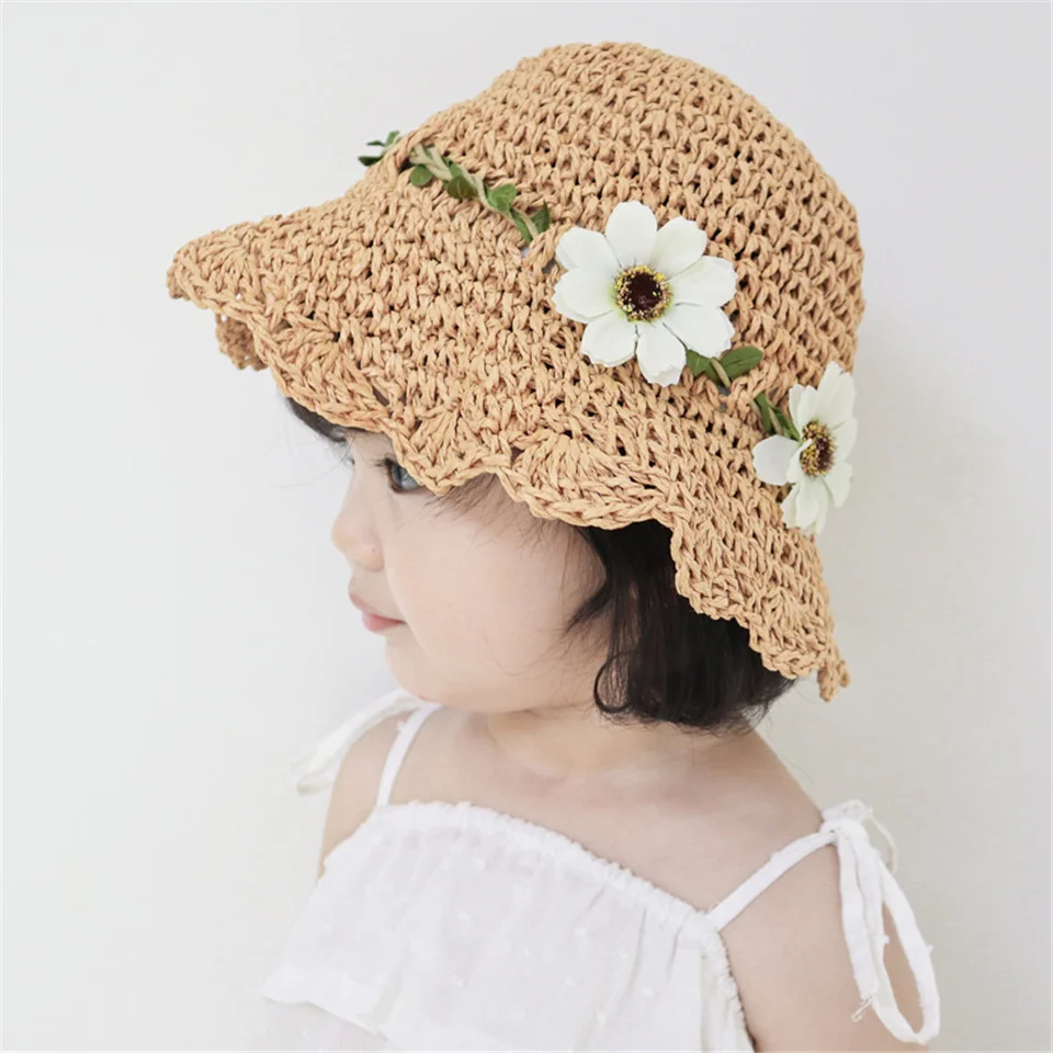 

Kids Cute Outdoor Sun Hat Photography Straw Hat Breathable Beach Travel Big Brim Panama Fisherman Cap With Garland