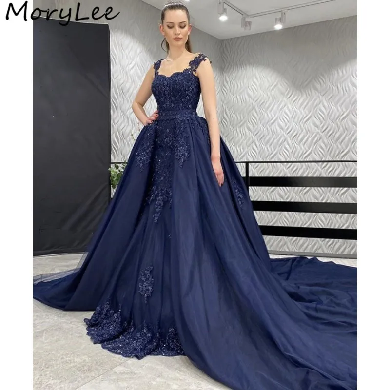 

Prom Dresses Navy Sweetheart Sleeveless Tulle Lace Applique Crystal Beaded Prom Dresses With Zipper vestidos de fiesta de noche