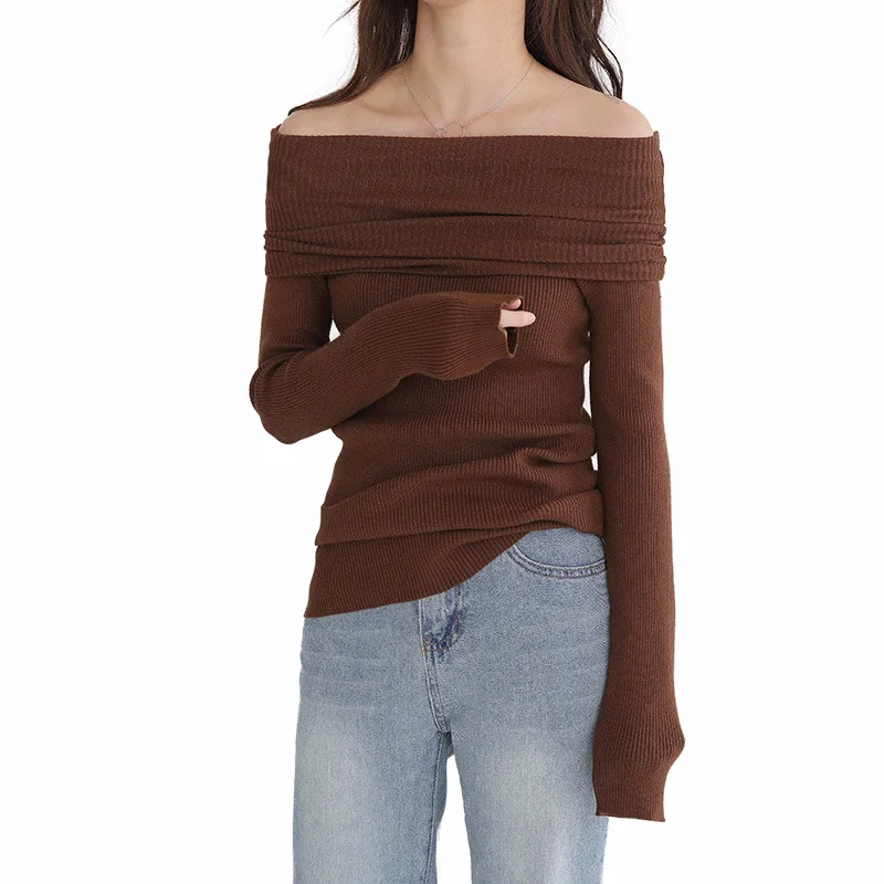 Women Turtleneck Sweater Off Shoulder Knitted Top Slim Ribbed Pullovers | Женская одежда