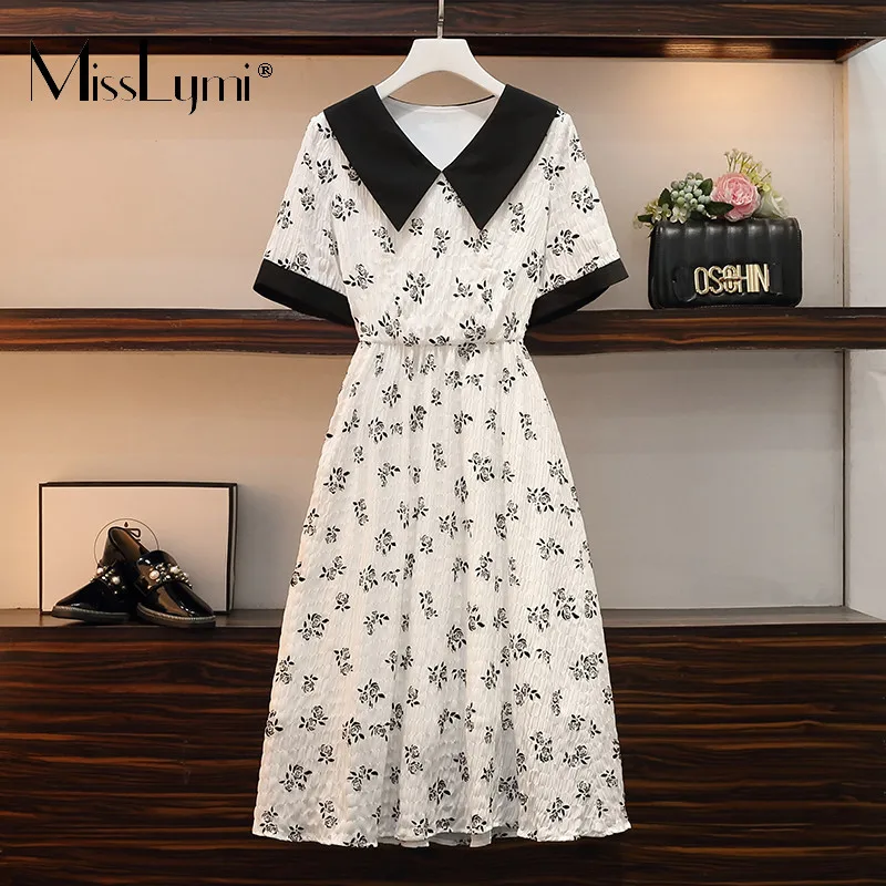 

4XL Plus Size Women French Elegant Floral Long Dress Summer 2021 Sweet Peter Pan Collar Short Sleeve Rose Printed Chiffon Dress