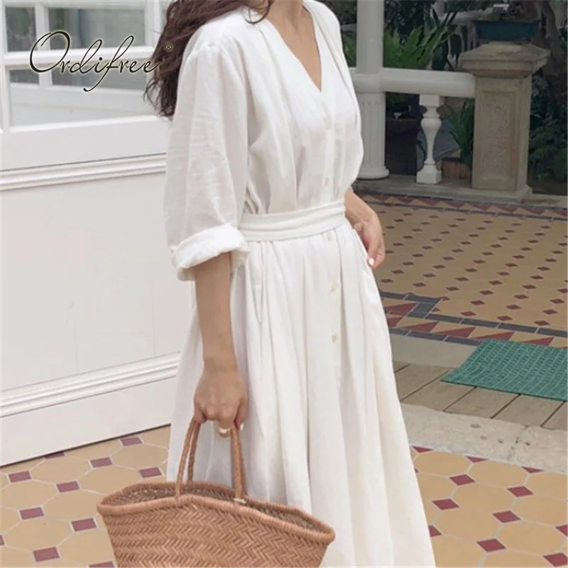 Ordifree летнее Boho женское Макси платье свободного покроя с поясом белое длинное пляжное платье праздничное платье