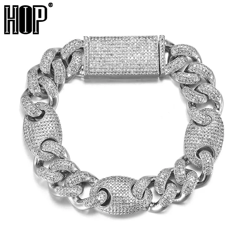 

12mm Lock Clasp Miami Cuban Link Chain Copper Bracelet With Coffee Bean Pig Nose Iced Out Cubic Zirconia Hip Hop Rock Jewelry