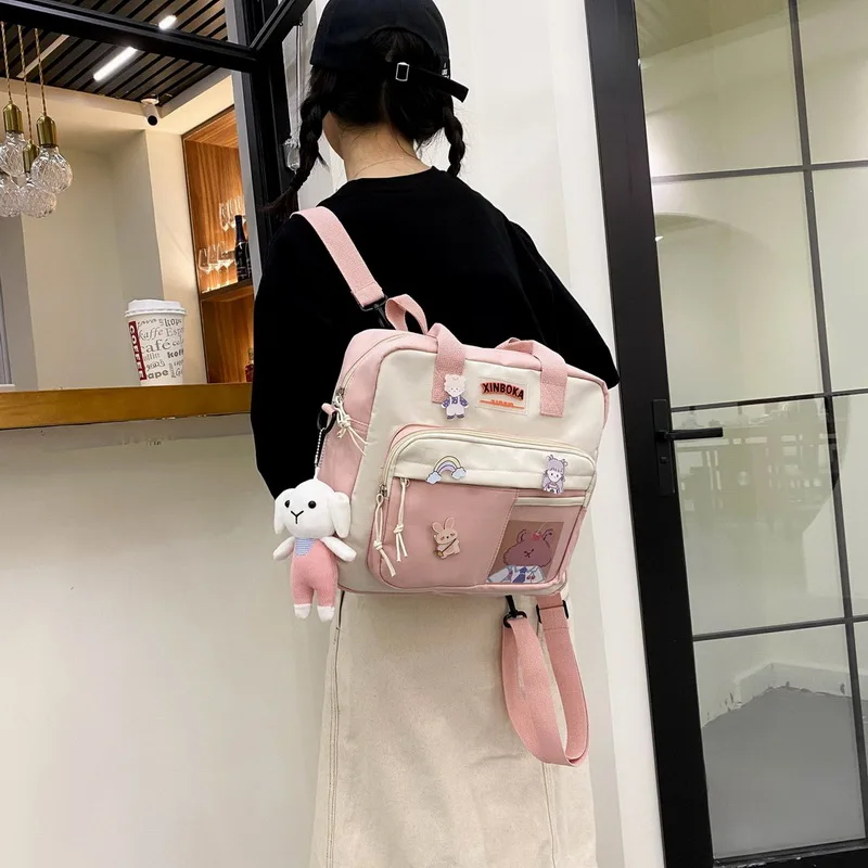 

Women Cute Backpack Female Student College Schoolbag Girl Badge Multifunctional Backpacks Kawaii Ladies Waterproof Nylon Bag
