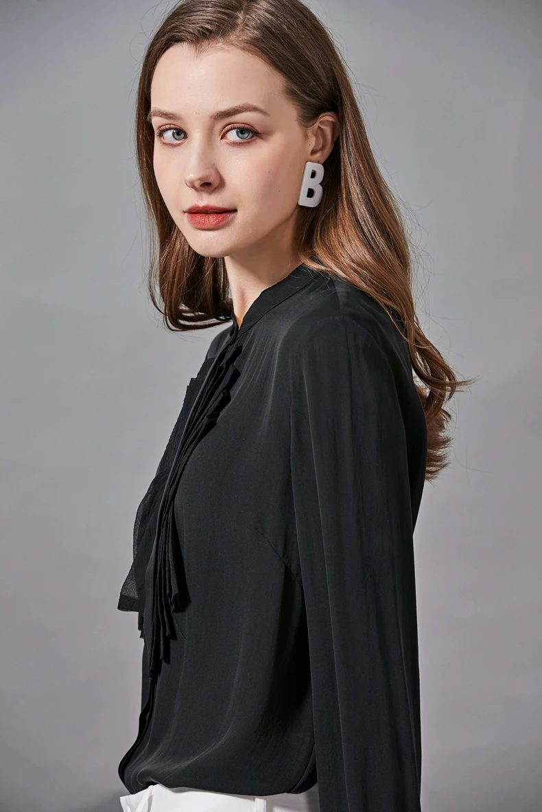 

100% Natural Silk Women's Shirt O Neck Long Sleeves Appliques Fashion Casual Blouse Tops