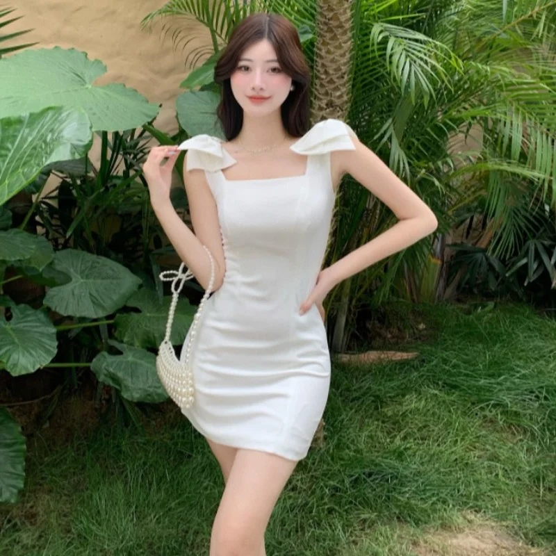 

Женское облегающее платье без бретелек, белые вечерние платья на бретельках с бантом и открытыми плечами, лето 2021