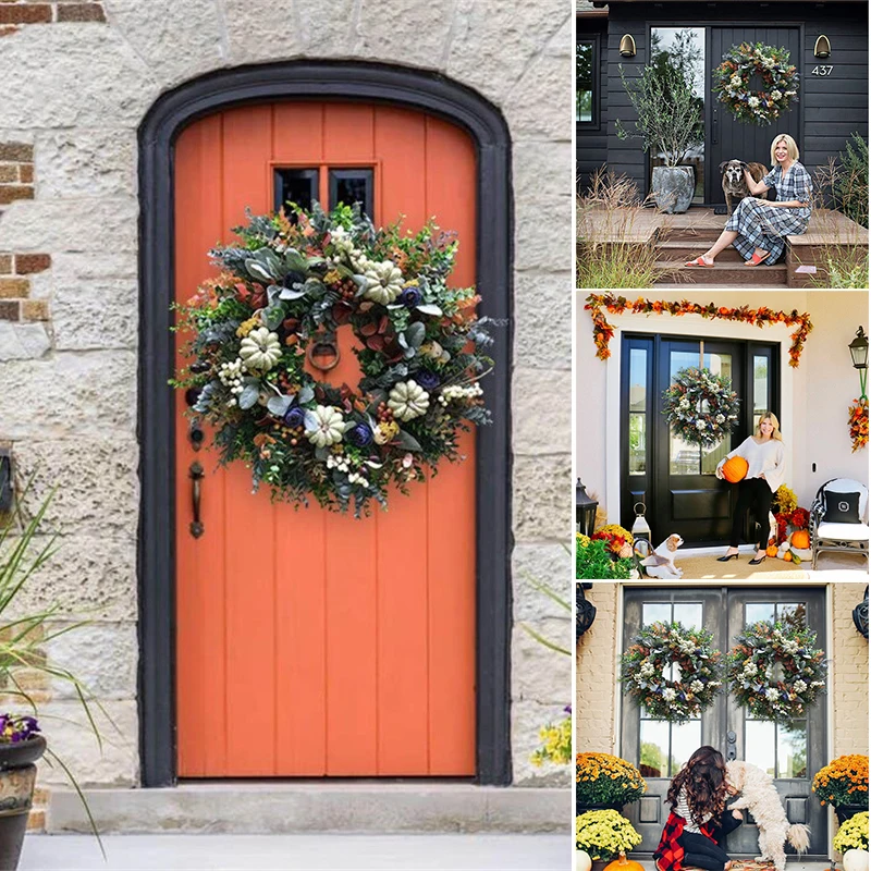 

White Pumpkins Ranunculus Wreath Front Door Hanging Ornament Thanksgiving Fall Home Decoration Wreaths Garlands Artificial Decor