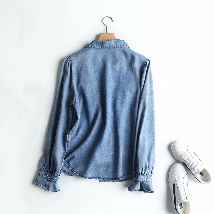 

Women Summer Ruffles Denim Shirt Blouse Flounce Long Ruffle Sleeve Solid Blusas Lapel Neck Casual Elegant Double Buckle Tops