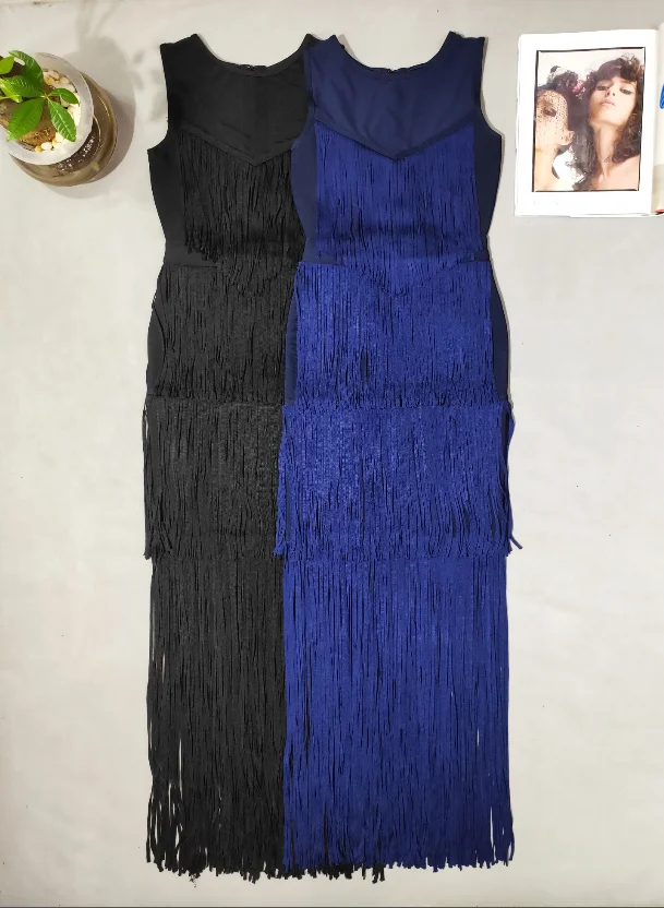 

High Quality Bandage Dress Blue Black Ngiht CLub Fashion Bodycon Sexy Dress Tassel Evening Party Dresses Long