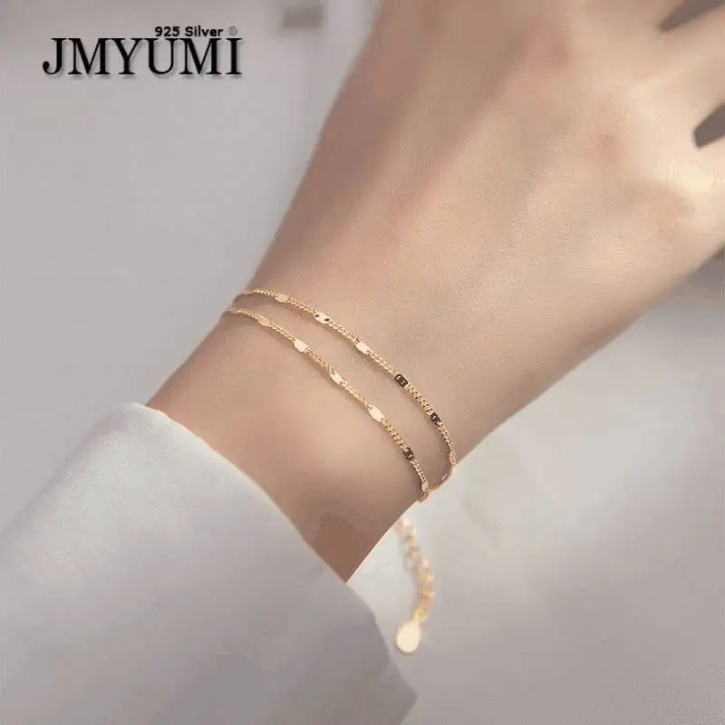 

Женский двухслойный браслет-цепочка JMYUMI, простой блестящий браслет из стерлингового серебра 925 пробы, аксессуары для студентов в Корейском ...