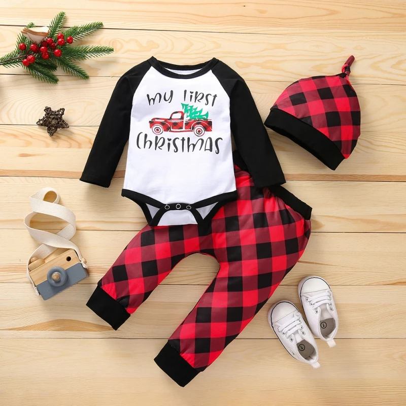 

Baywell Xmas Newborn Baby Letter Print Top Plaid Pants Hat Spring Autumn Infant Boys Girls Christmas Set