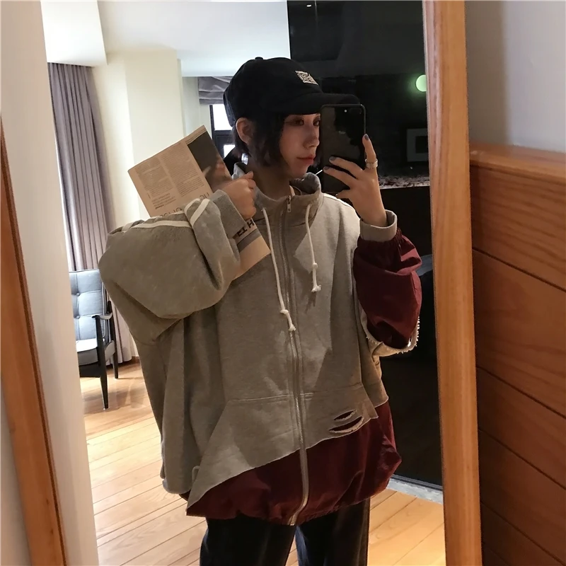 

spring autumn new zip-up turn-down collar hole zipper pockets patchwork ins casual Sweatshirts Korean style Women's Clothing
