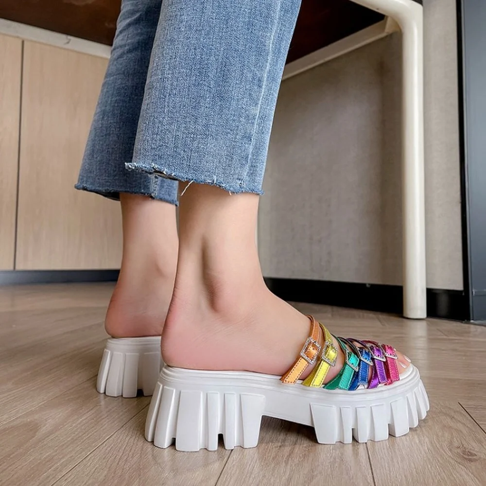 

Hot Sale Womens Peep Toe Rainbow Colors Belt Buckle Glitter Platform Slippers Shoes Slides Chunky Heel Real Leather Summer New 2
