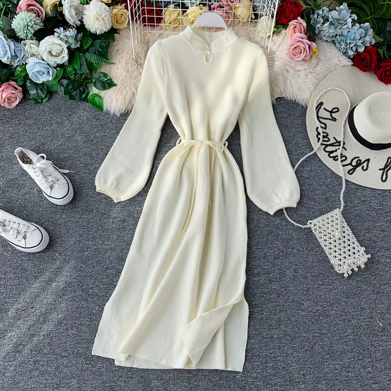 Женское вязаное платье с длинным рукавом повседневное облегающее винтажное