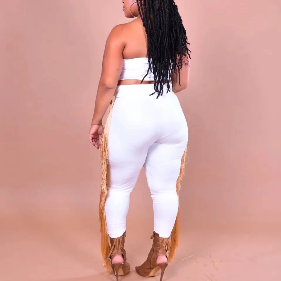 Conjuntos de ropa Sexy para mujer, Tops y juegos de pantalones largos, borla blanca, conjuntos sexys para Club nocturno, conjuntos de talla grande 2020