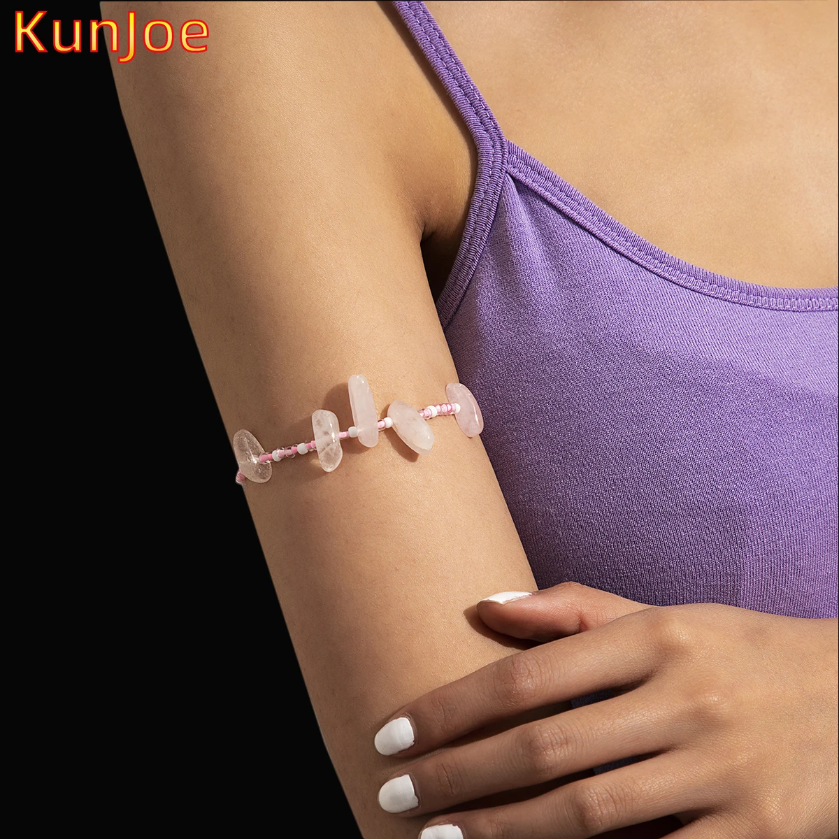 

KunJoe Simple Trendy Natural Crystal Beads Upper Arm Cuff Bracelet for Women Adjustable Geometric Arm Chain Girls Jewelry Gift