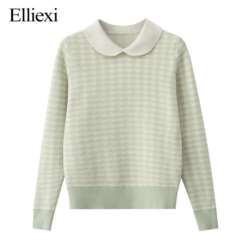 

ELLIEXI Turn-down Collar Autumn Winter Plaid Tee Section Breathable Knit Sweater T-shirt Women Long-sleeved Bottoming T-shirt