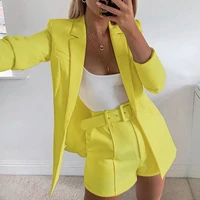 womens blazers 2pcs set with shorts long sleeve solid notched collar office lady blazer cardigan with sashes suits for female