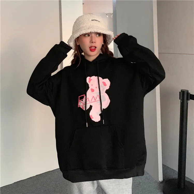 

XZ1063 2021 Korean style loose bear sweater plus velvet hood Japanese all-match pullover Sweatshirts women