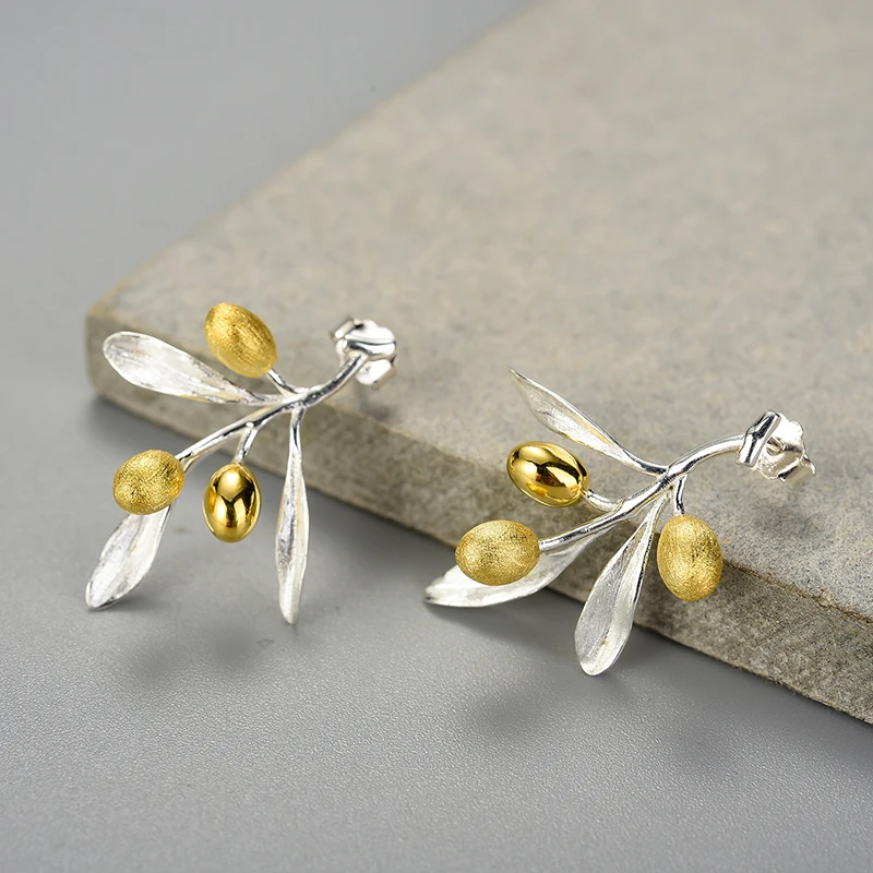 

New Olive Leaves Branch Fruits Unusual Earrings for Women 925 Sterling Silver Statement Wedding Jewelry 2021 Trend New