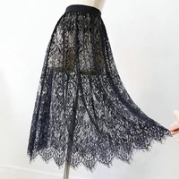 women sexy mesh lace transparent long tulle skirt korean fashion summer ladies elastic high waist black white beach midi skirt