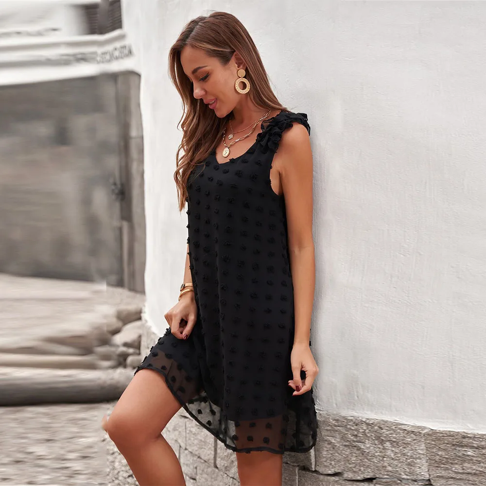 

Women Dress Sleeveless V-Neck Ruffle Sleeve Dress Elegant Ladies Dresses Party Club Solid Summer Casual Female Mini Dresses