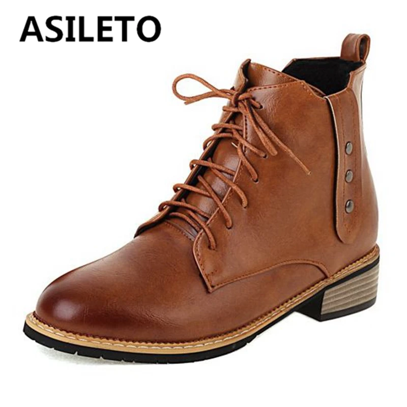 

ASILETO Ankle Boots Calzado mujer Lady Round Toe Block Heels Zipper Lace-up Buckle Plus Size 32-47 Mix Color Beige Winter S2700