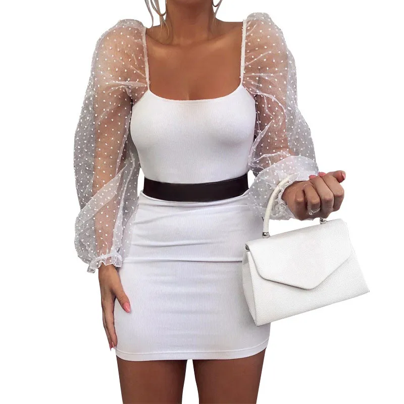 

2020 Summer short party dress Hollow out square neck low cut puff ballon sleeves patchwork mesh night club mini dress