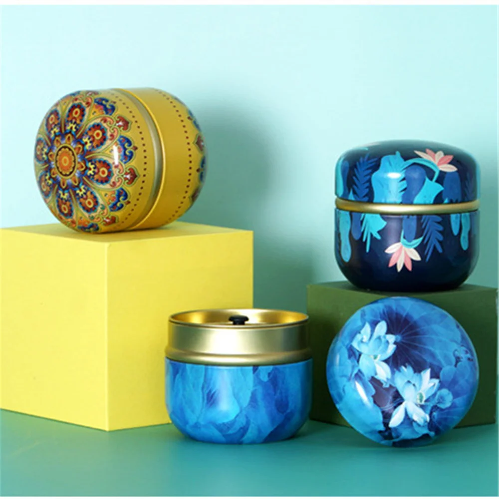 

Portable Tea Caddies Universal Tea Storage Sealed Box Circular Retro Pattern Metal Jars 50g Double Sealed Tea Coffee Container