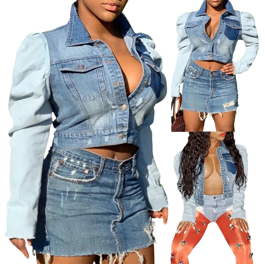

Women Plain Jackets Street Casual Denim Coat Puff Sleeves Sashes Slim Fit Short Coats Vintage Tops Autumn Winter