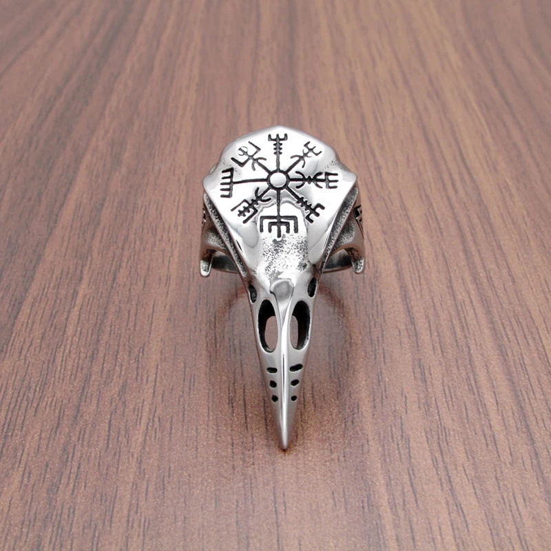 Punk 316L Stainless Steel Vegvisir Runes Futhark Rings Silver Color Black Viking Raven Ring Odin Nordic Animal Head Jewelry | Украшения и